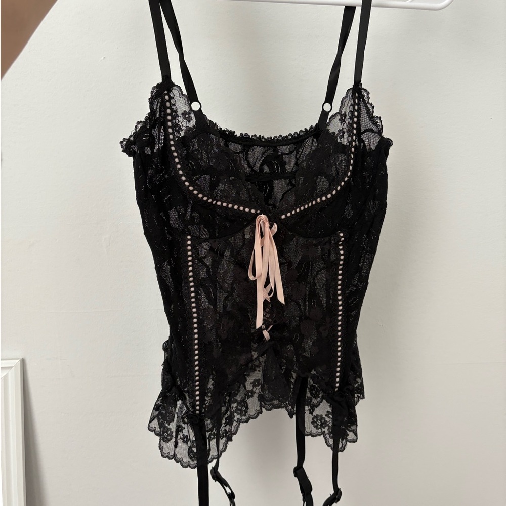 Elegant Vintage Black Lace Bustier with Pink Accents